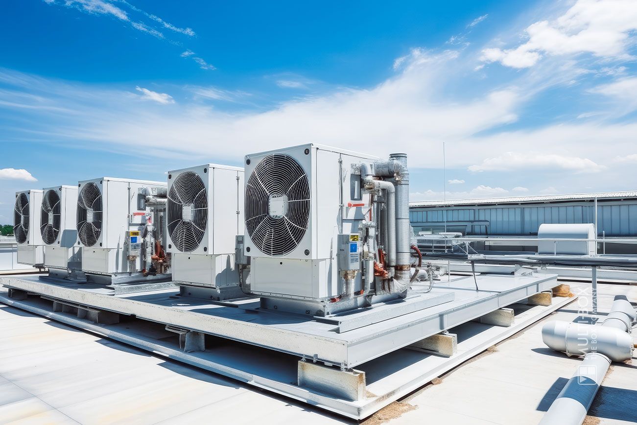 Industrial air conditioning systems on a roof, connected with pipes and ventilators under a clear sky.