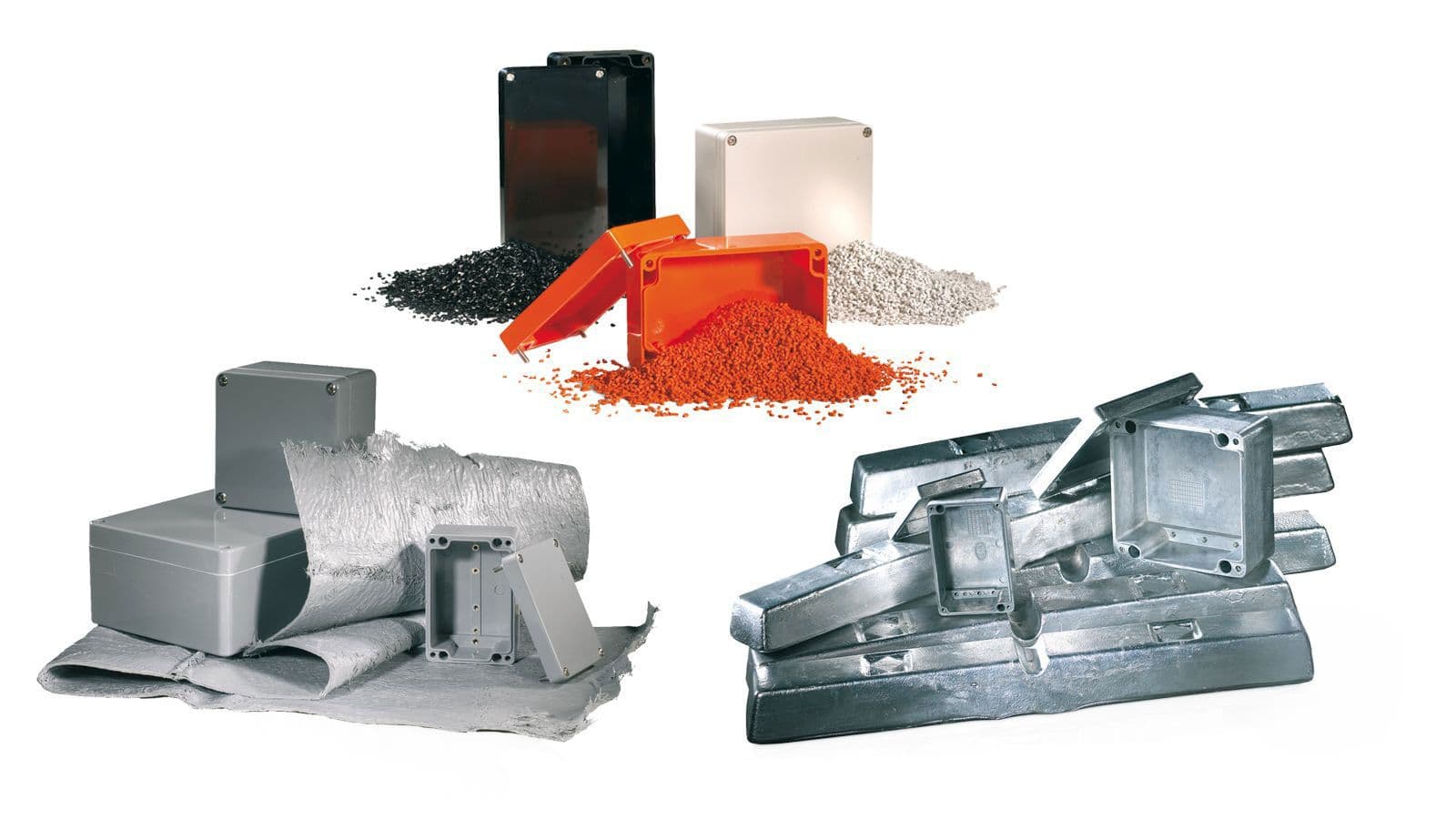 Kunststoff- und Aluminiumgehäuse von MULTI-BOX mit Rohmaterialien wie Granulat, Aluminiumblöcken und Beschichtungsmaterialien. 